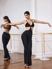 Menodora SHEIN Sport Women's Solid Color Waist Cutout Halter Flare Jumpsuit Latin Dancewear