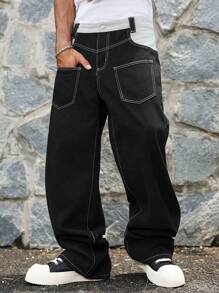 Manfinity Hypemode Men's Long Black Denim Jeans Loose Fit Contrast Panel And Stitching Detail Zipper Fly