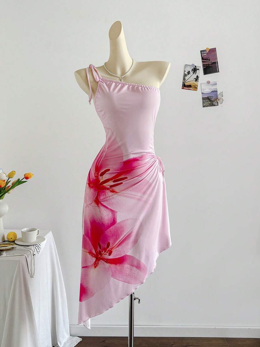 Soleia 女士休闲单肩系带收腰不对称下摆中长连衣裙，适合节日、约会、下午茶、度假、音乐节、波西米亚风格 - 彩色 - 查看 1