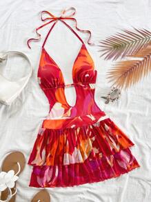 Soleia 女士节日复古扎染印花深 V 领露背系带荷叶边下摆迷你连衣裙，适合派对、约会、下午茶、街头、城市假日、音乐节、海滩、夏季 - 彩色 - 查看 1