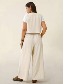 SHEIN LUNE Bộ đồ nữ áo không tay kẻ sọc và quần kẻ sọc lễ hội mùa hè Boho Old Money trang phục mùa hè cho phụ nữ trang phục nghỉ xuân rave lễ hội trang phục nghỉ xuân cotton - Màu be - Xem 2