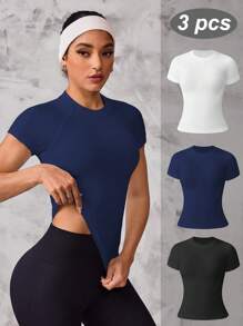 Gameset SHEIN Sport 3 件女式纯色插肩短袖休闲健身运动 T 恤修身衬衫健身衫