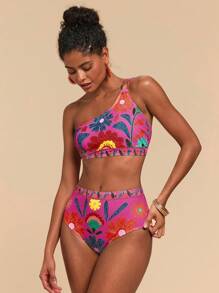Travachic Conjunto de bikini floral sexy de un hombro para mujeres en la playa de verano