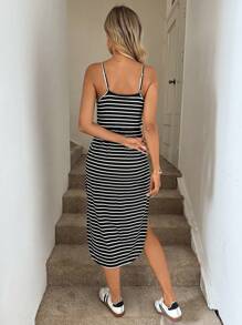 Easowa 休闲吊带条纹女式针织连衣裙 - 黑與白 - 查看 3