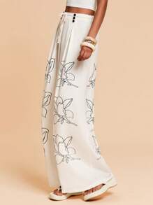 Travachic 女式夏季波西米亚风亚麻阔腿裤宽松花卉印花阔腿松紧腰雪纺裤，春夏休闲女式夏季裤子女式沙滩装夏季裤子狂欢装节日度假装女式夏季裤子女式春季装女式度假装 - 杏色 - 查看 5