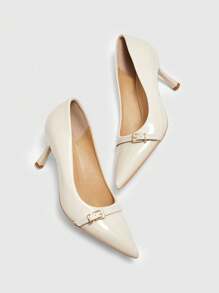 CUCCOO BIZCHIC Sepatu hak tinggi ramping berujung runcing warna krem untuk wanita, bertali gesper, sepatu kerja kantor yang elegan dan serbaguna, sepatu musim semi. - Krem - View 4