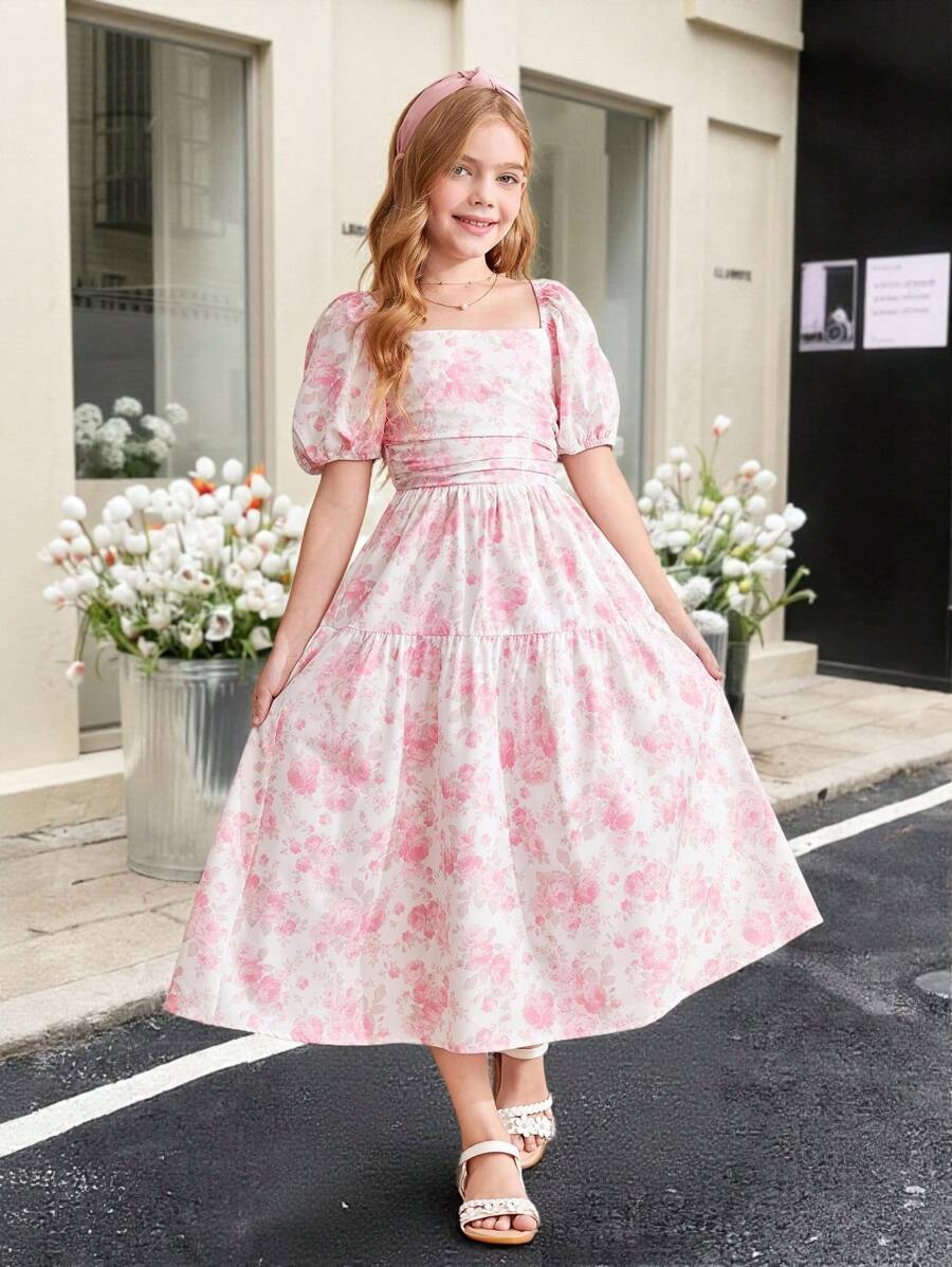 SHEIN Tween Girl 优雅方形领口花卉印花泡泡袖中长连衣裙 - 粉色 - 查看 1