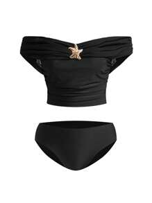 Swim Oasis 女士海滩度假海星装饰比基尼泳装和罩衫裙套装