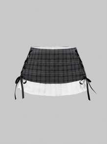 ROMWE Academia 2pcs Y2K College Girl Colorblock Crop Top And Mini Skirt Set - Grey - View 6