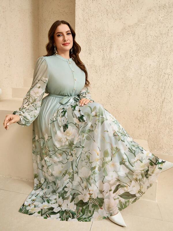 Veilorie Plus Size Round Neck Raglan Lantern Sleeve Floral Print Dress, Summer