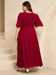 Veilorie Plus Size V-Neck Short Sleeve Casual Waist Cinched Summer Dress - Burgundy - View 2
