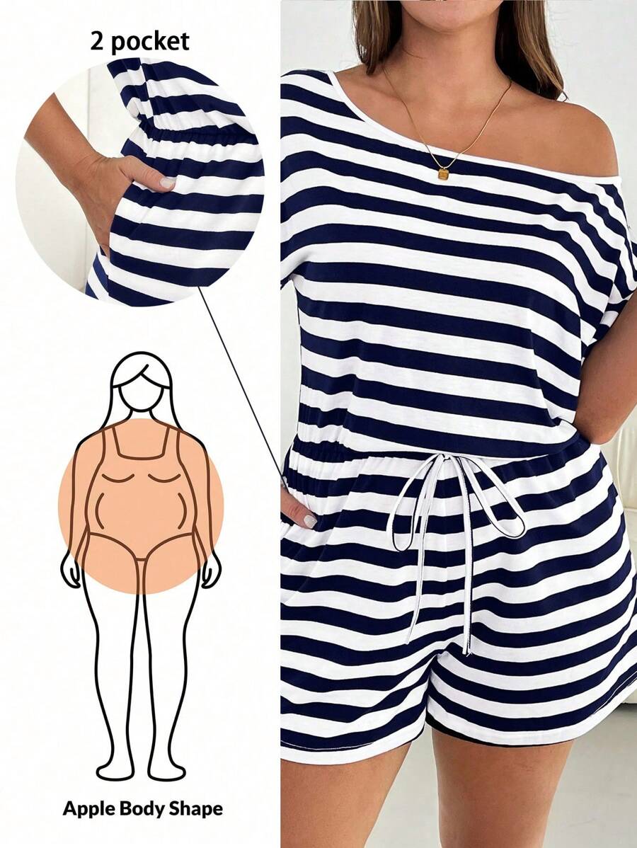 SHEIN Essnce Mono de mujer talla grande, mono de rayas casual de verano, vestido/mono de una pieza para mujer, mono con pantalón corto para mujer, ropa de verano para hombros de mujer, monos de manga corta