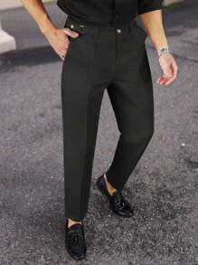 Manfinity Bizformal Naples 男式白色可调节腰部直筒修身正装裤 - 黑色 - 查看 3