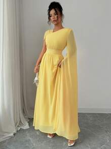 Elenzga Váy xòe xếp nếp cổ bất đối xứng lót chiffon thanh lịch cho nữ dự tiệc trà chiều, mùa xuân/hè - Màu vàng - Xem 5