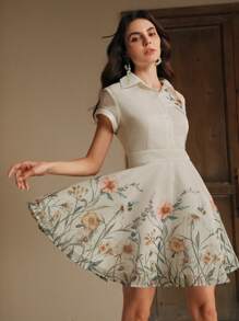 Anewsta Váy sơ mi lưới in hoa tay ngắn một hàng khuy cho nữ, mùa hè - Màu be - Xem 7