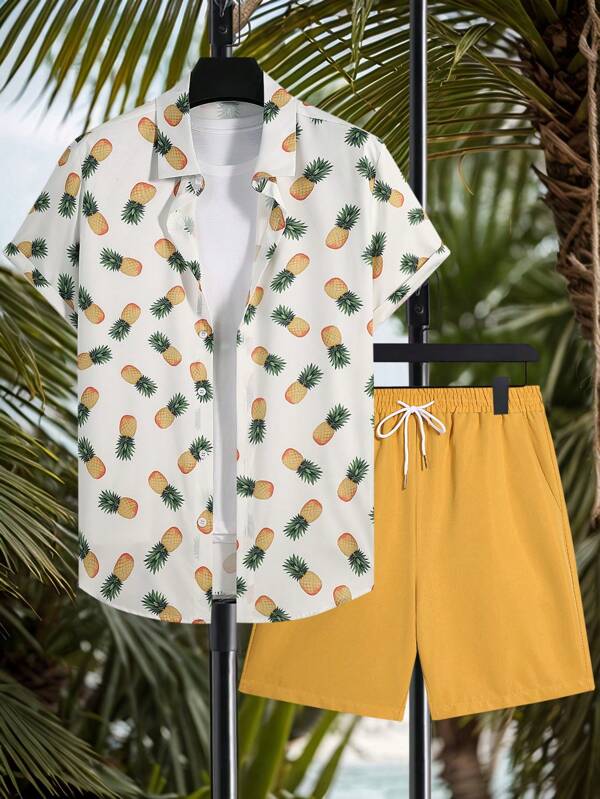 Manfinity KASUA Men's Pineapple Print Short Sleeve Shirt And Shorts Vacation Outfit Set BeachModeOn Men Swim Trunks Set