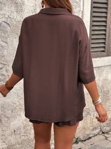 SHEIN Tall CURVE Summer 2pcs Set - Loose Solid Color Lapel Short Sleeve Shirt Top With Drawstring Shorts, Plus Size Summer Women Clothes Two Pieces Summer Outfits Tall Women Clothes Summer Women Clothes