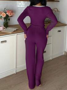 2pcs Women's Square Neck Bowknot Pullover Top & Pants Pajama Set, Fall Winter Clothes - Purple - View 2