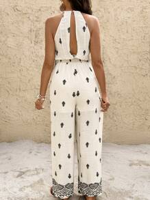 SHEIN Beige Geometric Print Suspenders Waist Tie Wide-Leg Casual Holiday Maternity Jumpsuit