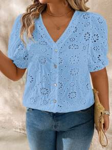 SHEIN LUNE Women Plus Size V-Neck Embroidered Puff Sleeve Button Front Blouse - Blue - View 1
