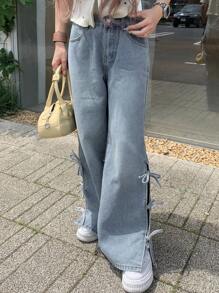 FRIFUL 女式高腰直筒牛仔裤，踝部蝴蝶结装饰，返校服