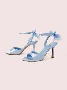 CUCCOO DOLLMOD Women's Blue Satin Faux Pearl & Butterfly Decor Cute Elegant Ankle Strap Round Toe Heeled Sandals - Blue - View 9