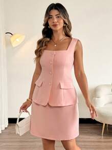 Celure Große Größen Damen Französisch elegantes lässiges sexy Büro romantischer Urlaub einfarbiges Quadrat Ausschnitt offene Vorderseite dekorative Tasche passende 2 in 1 Trägerhemd Mini Kleid für Frühling & Sommer