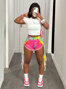 Slaydiva Women's Fashion Tie-Dye Print Fringed Hem Denim Shorts, Suitable For Summer Women S Clothes Women S Bottoms Women Summer Clothing Woman S Summer Clothes Colorful Camouflage Long Fringe Shorts - Multicolor - View 1