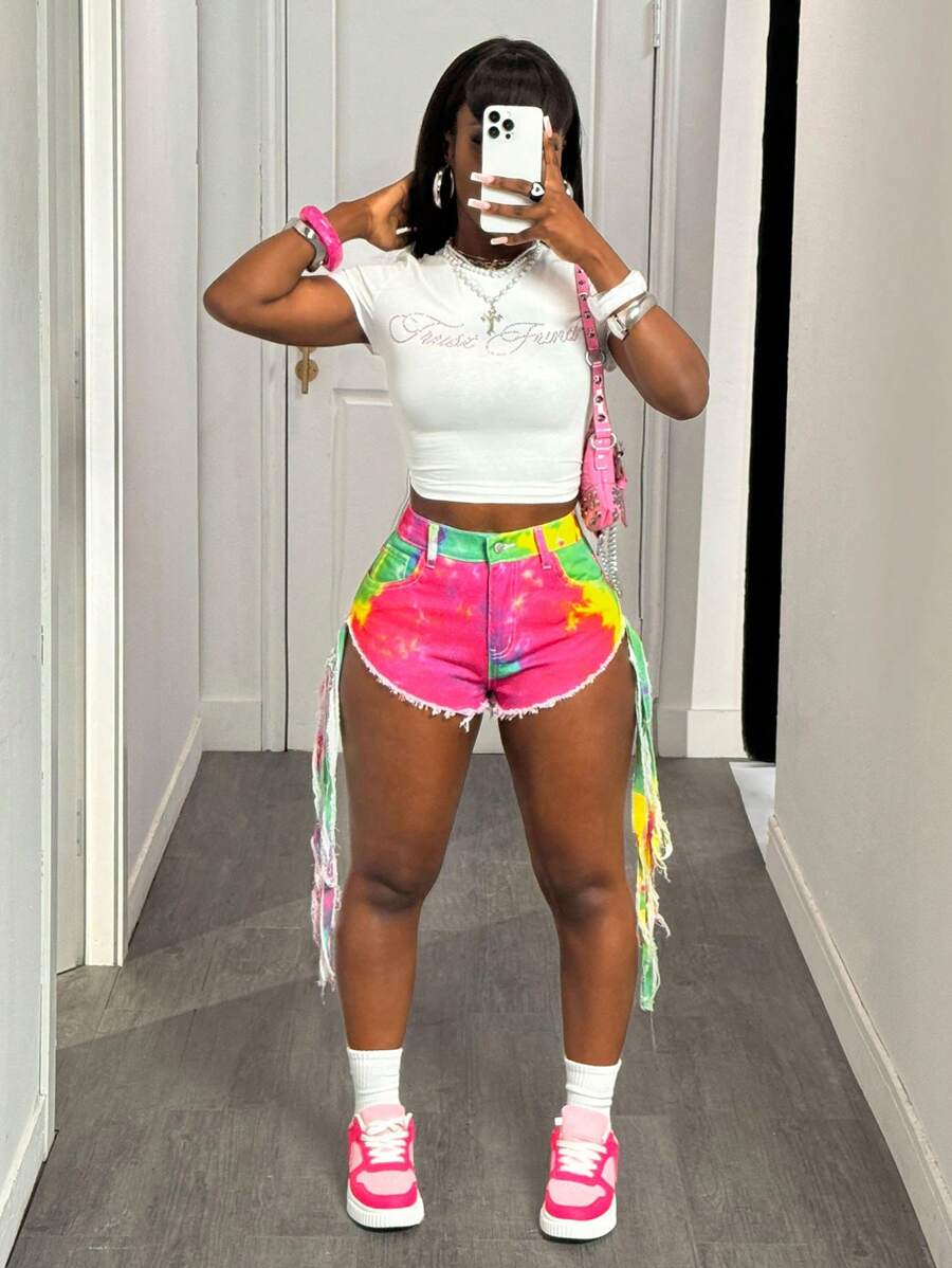 Slaydiva Women's Fashion Tie-Dye Print Fringed Hem Denim Shorts, Suitable For Summer Women S Clothes Women S Bottoms Women Summer Clothing Woman S Summer Clothes Colorful Camouflage Long Fringe Shorts - Multicolor - View 1