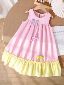 Genkimix Kids Vestido casual de media pantorrilla para niñas con contraste de color, decoración de moño sin mangas - Multicolor - Ver 1
