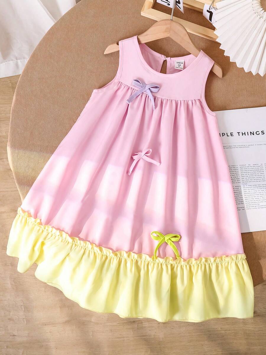 Genkimix Kids Vestido casual de media pantorrilla para niñas con contraste de color, decoración de moño sin mangas - Multicolor - Ver 1
