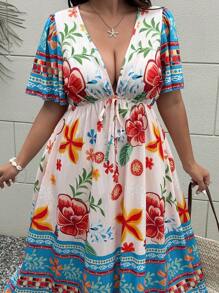 Flirla Plus Size Holiday Style V-Neck Tropical Floral Print Shift Dress - Multicolor - View 5
