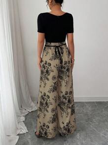 INAWLY 女士优雅方领短袖紧身上衣搭配拼色花卉阔腿裤，系带交叉连身裤，夏季度假 - 卡其色 - 查看 2