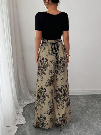 INAWLY Women's Elegant Square Neck Short Sleeve Tight Top Mixed With Colorblock Floral Wide Leg Pants, Tied Cross Playsuit, Summer Vacation