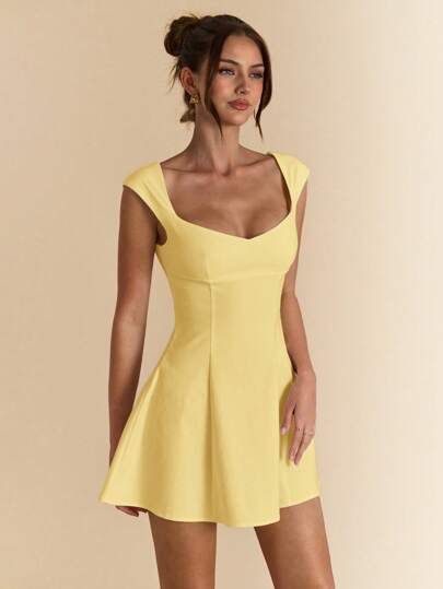 SHEIN BAE Pure White Square Neck Backless Bubble Dress, Elegant Women Summer Mini Dress, Suitable For Date Night, Bridesmaid, Little Black Dress, Spring/Summer