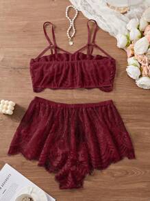 Sexy Große Größen Spitzen-Bralette-Top und Cut Out Spitzen-Shorts Set, verführerische Dessous - Bordeaux - Übersicht 6