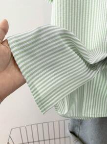 INAWLY 女士休闲条纹短袖衬衫，夏季 - 綠色 - 查看 6