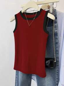 INAWLY Casual Red Color-Block Trim Women's Tank Top - Multicolor - View 3