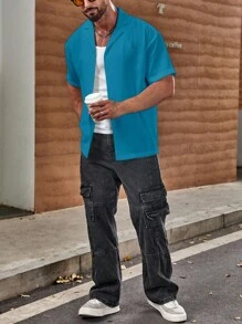 Manfinity Homme Áo sơ mi nam tay ngắn cài nút phía trước màu xanh trơn dáng rộng, thường ngày, mùa hè - Màu xanh ngọc - Xem 6