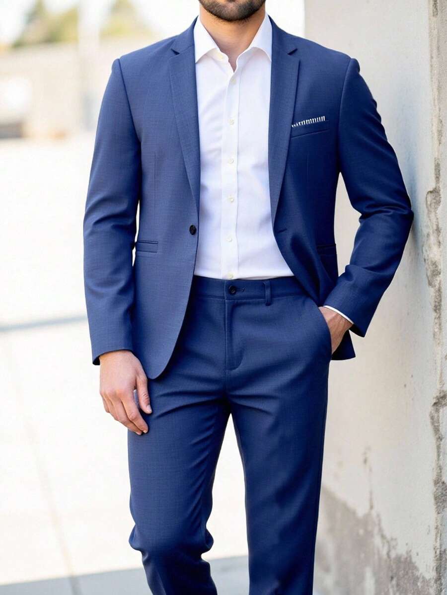 Manfinity Mode Bộ vest nam tay dài cổ ve màu trơn và quần âu thường ngày - Màu xanh lam - Xem 1