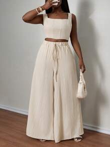 SHEIN PETITE CURVE 加大码纯色圆领无袖有骨休闲夏季上衣和宽松长裤两件套 - 杏色 - 查看 6