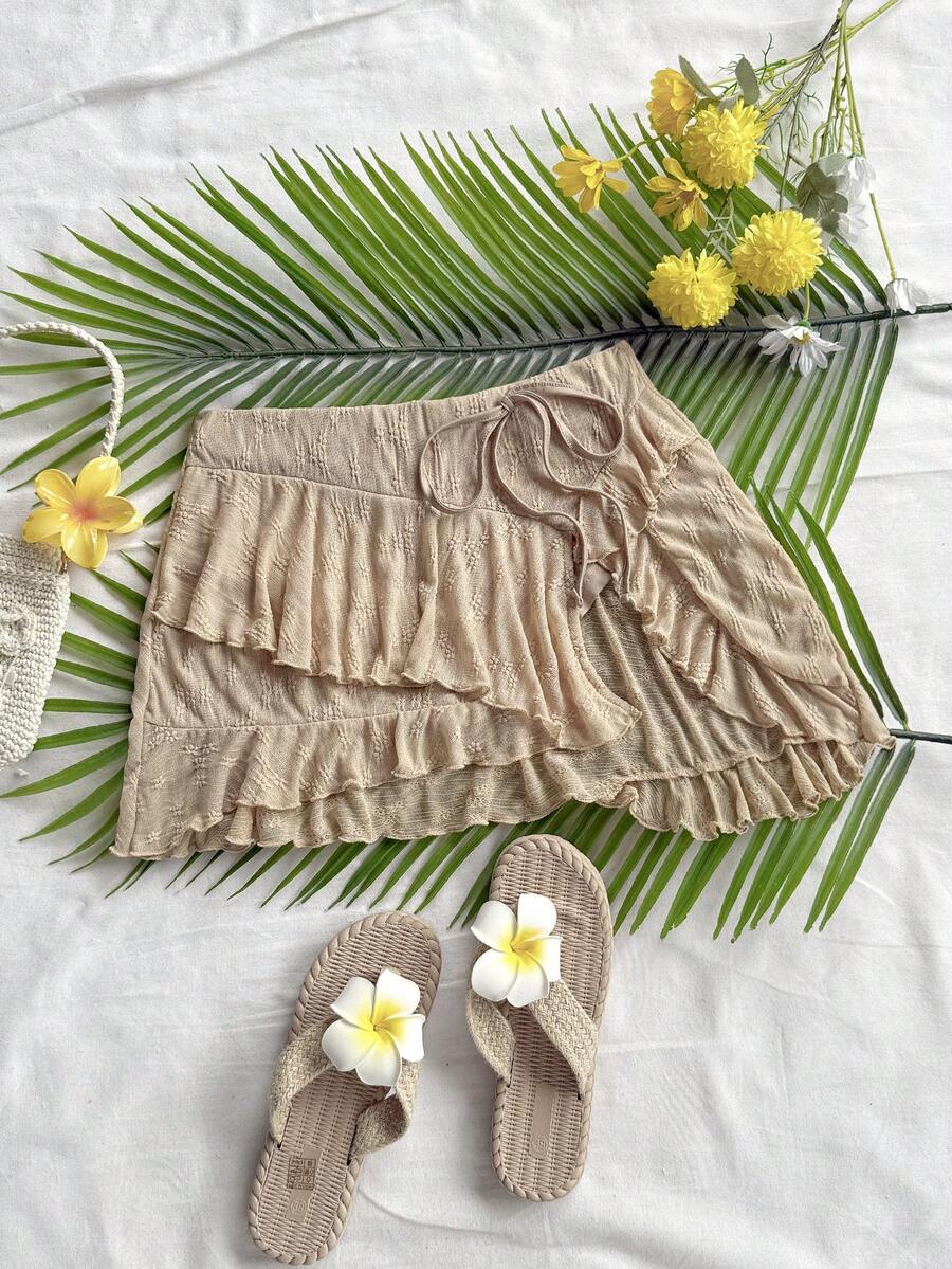 Soleia Women's Vacation Beige Knitted Textured Asymmetrical Hem Ruffle Tie Front Mini Skirt, Suitable For Party, Sexy, Valentine's Day, Date, Afternoon Tea, City Vacation, Western, Music Festival, Beach, Summer Beach Cover Up Skirt Ruffle Skirt Swimsuit Cover-Up Bikini Cover Up Skirt Bathing Suit Cover Up Skirt - Khaki - View 1