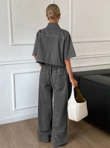 DAZY 2pcs Women Denim Shirt And Long Denim Pants Set, Spring/Summer,Back To School Clothes - Dark Grey - View 2