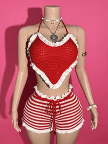 Slaydiva Women's Summer Red And White Stripe 2-Piece Knitted Set,Heart Shape Pendant Halter Top & Plaid Shorts,Casual Beach Vacation,Holiday Music Festival - Red - View 5