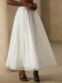 Aveloria Rosie 法式优雅欧根纱高腰喇叭中长裙，超大口袋浪漫长裙，适合女士春夏