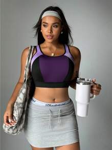 SHEIN Sport Studio Plus Size Colorblock Sports Bra, Adjustable Waist, High Support Polyester Underwear