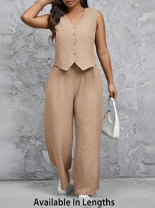 SHEIN Tall CURVE Conjunto de 2 piezas talla grande: Pantalones largos de estilo chaleco informal - Albaricoque - Ver 1