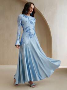 Anewsta 女士优雅花卉图案圆领修身 A 字连衣裙，度假装