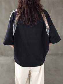 FRIFUL Women's V-Neck Letter Print Lace Splice Contrast Stripe Raglan Sleeve Loose Casual Versatile T-Shirt, Women Beach Wear