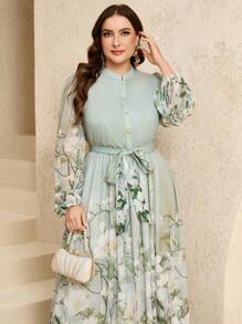 Veilorie Plus Size Round Neck Raglan Lantern Sleeve Floral Print Dress, Summer - Multicolor - View 5